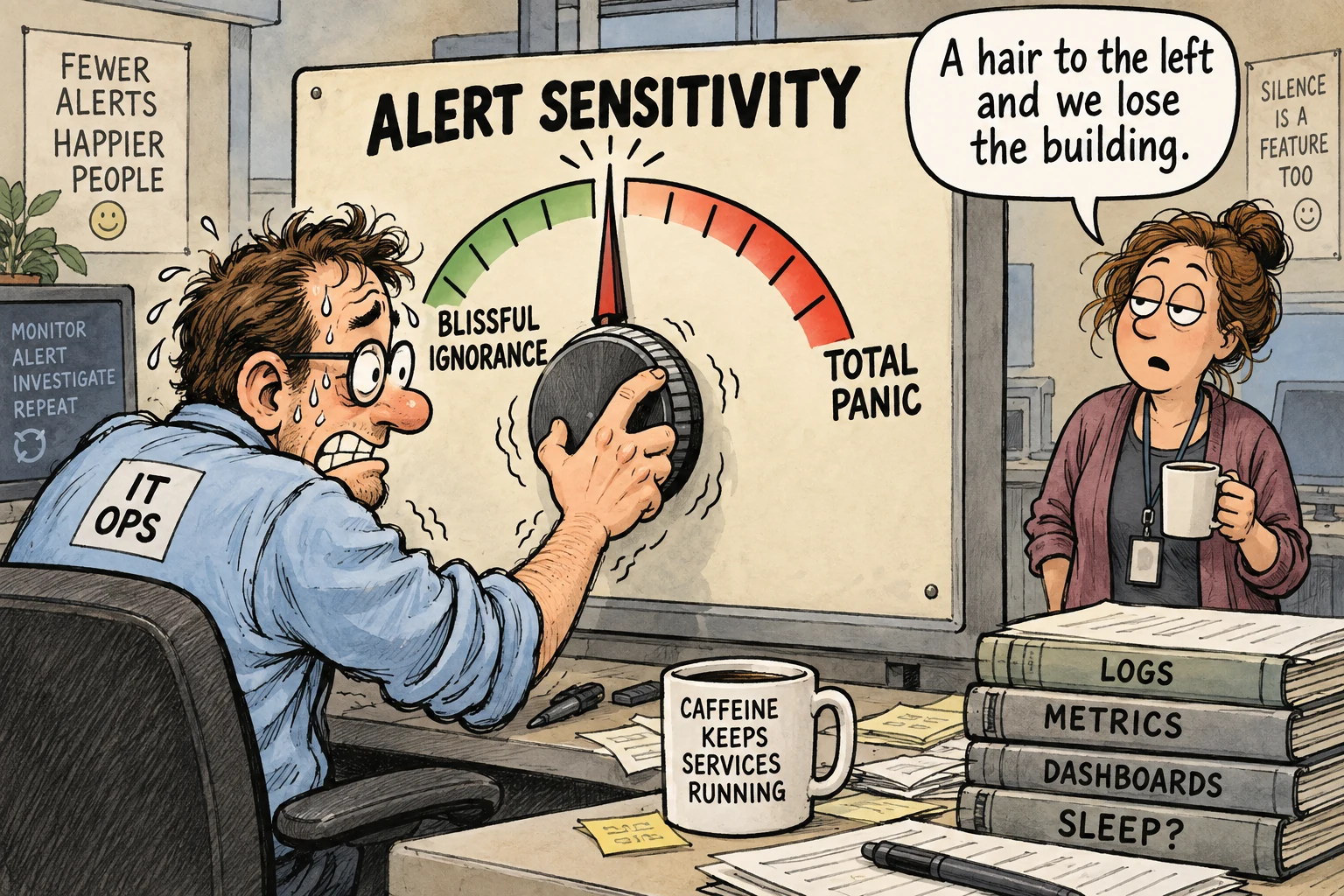 An operator cautiously adjusts an oversized alert sensitivity control.