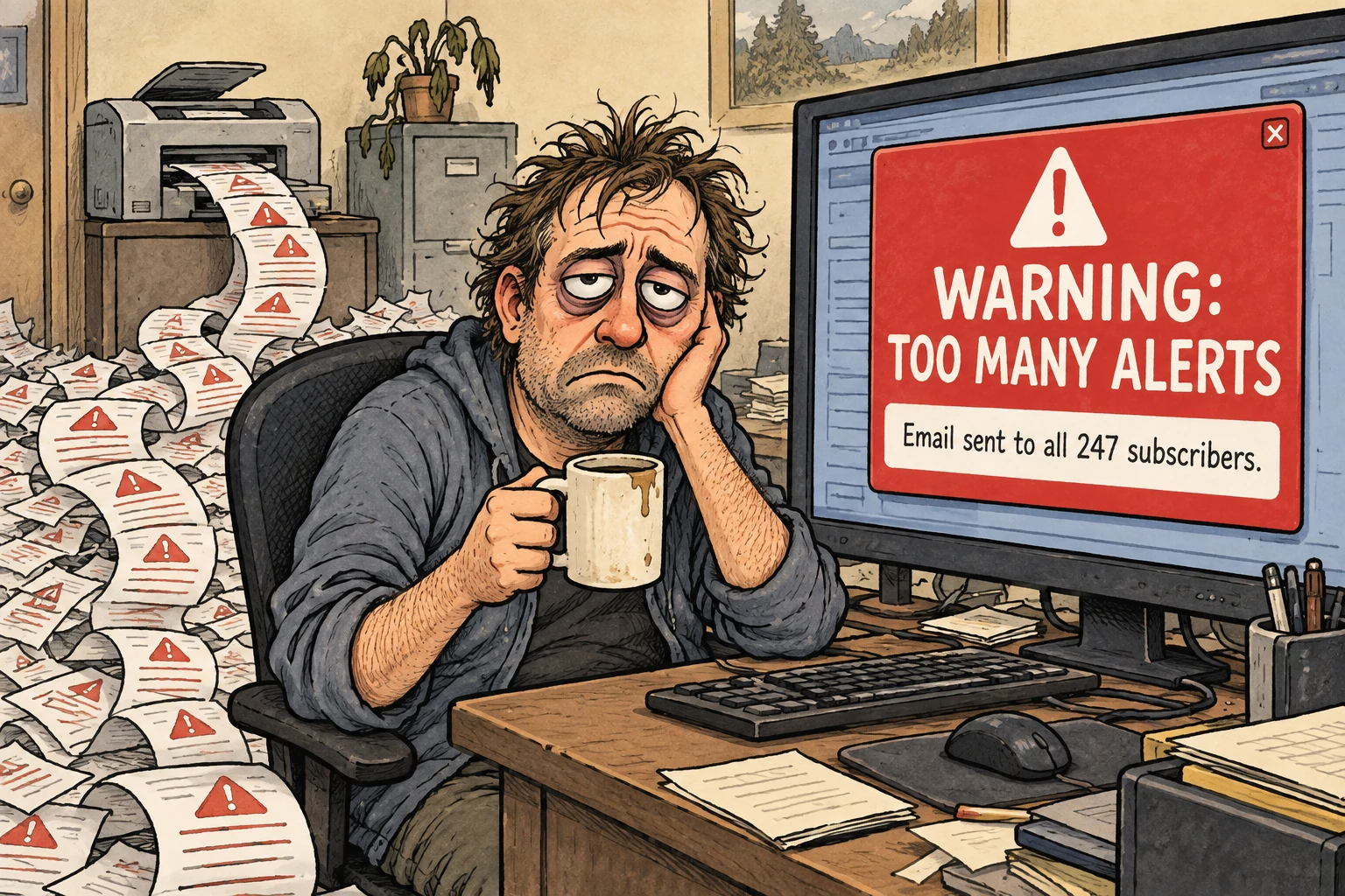 An alert system issues a warning about the excessive number of alerts.