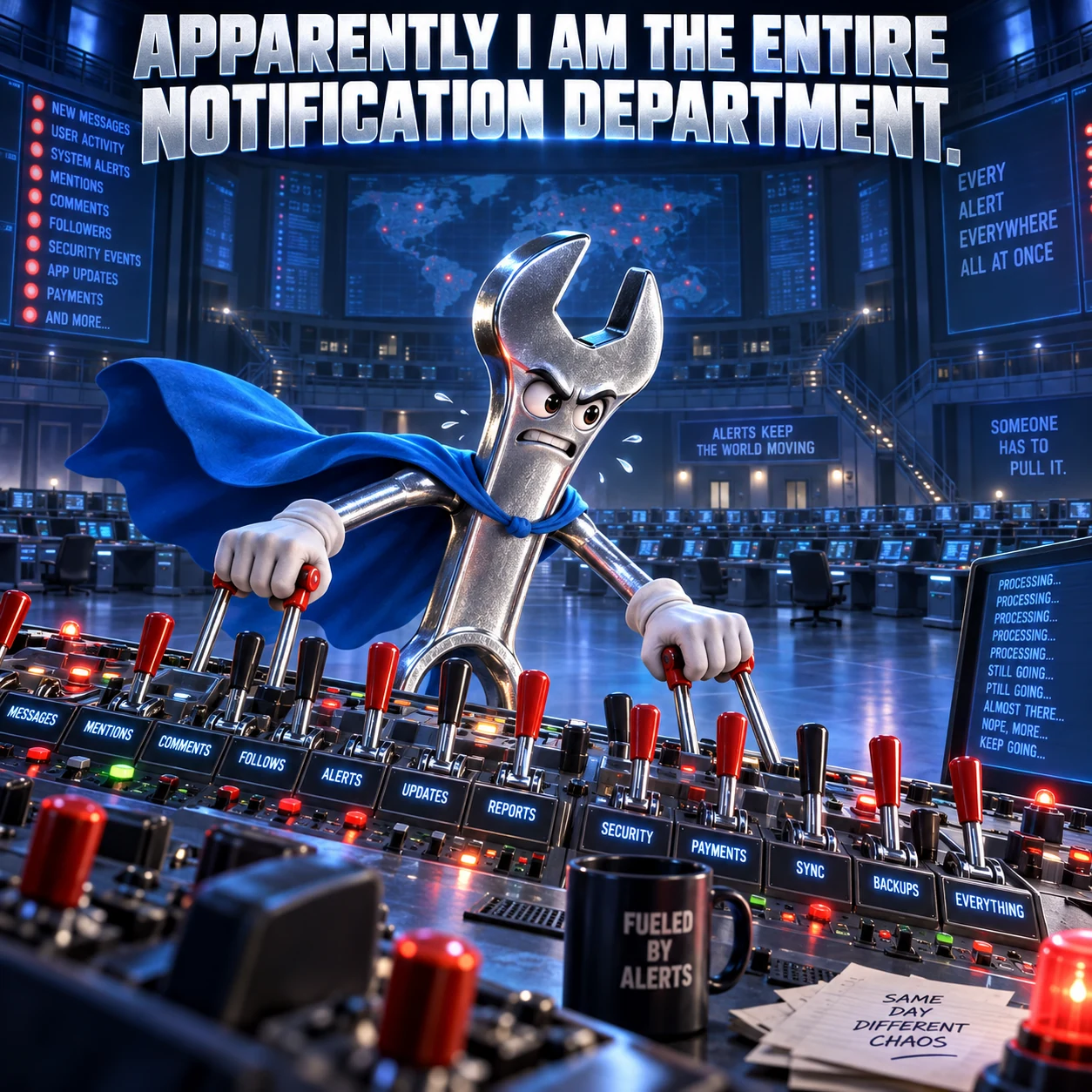 A dog named Wrench runs the notification department.