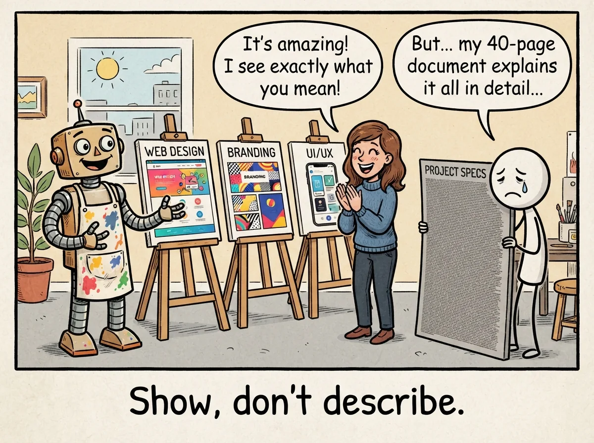 Cartoon titled Show Dont Describe: Show, don't describe.