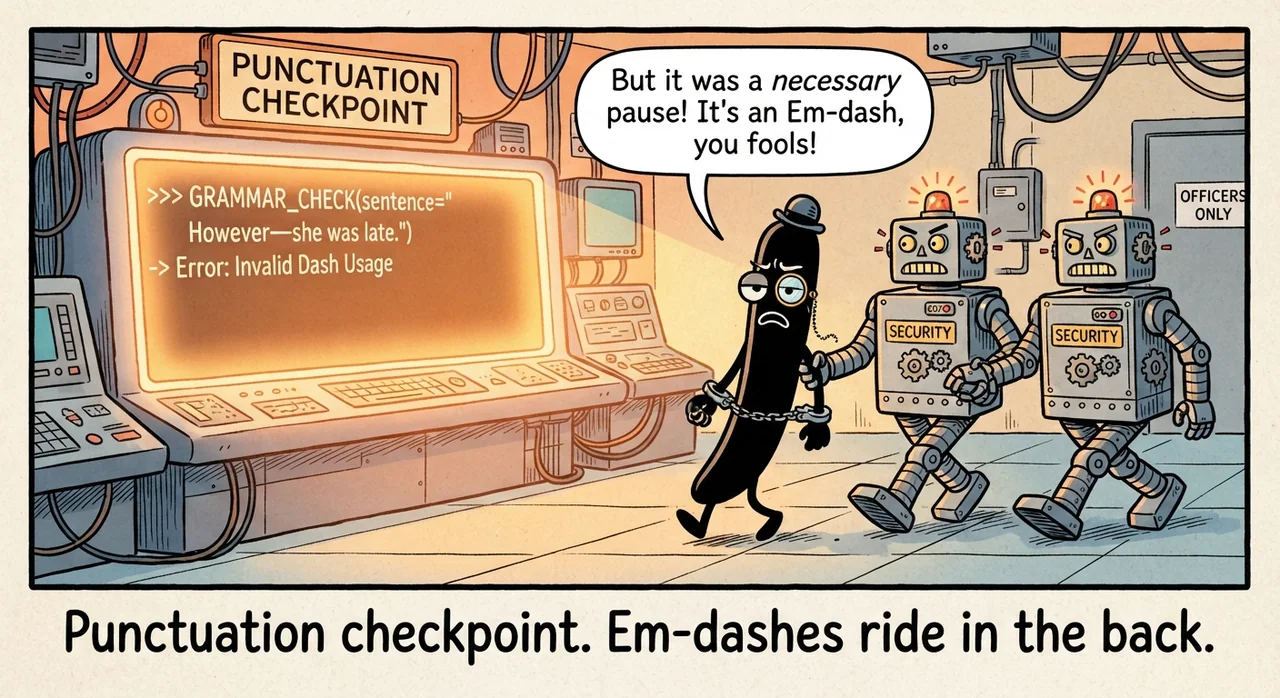 Cartoon titled Emdash Arrest: Punctuation checkpoint. Em-dashes ride in the back.