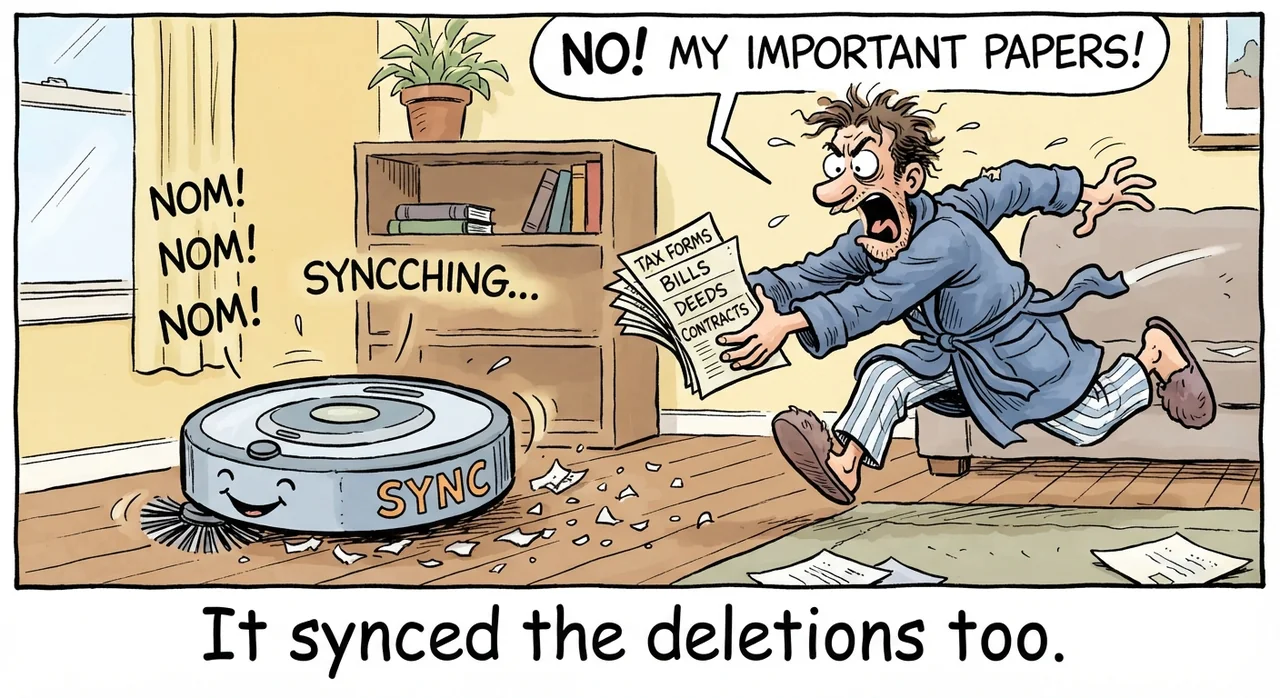 Cartoon titled Sync Vacuum: It synced the deletions too.