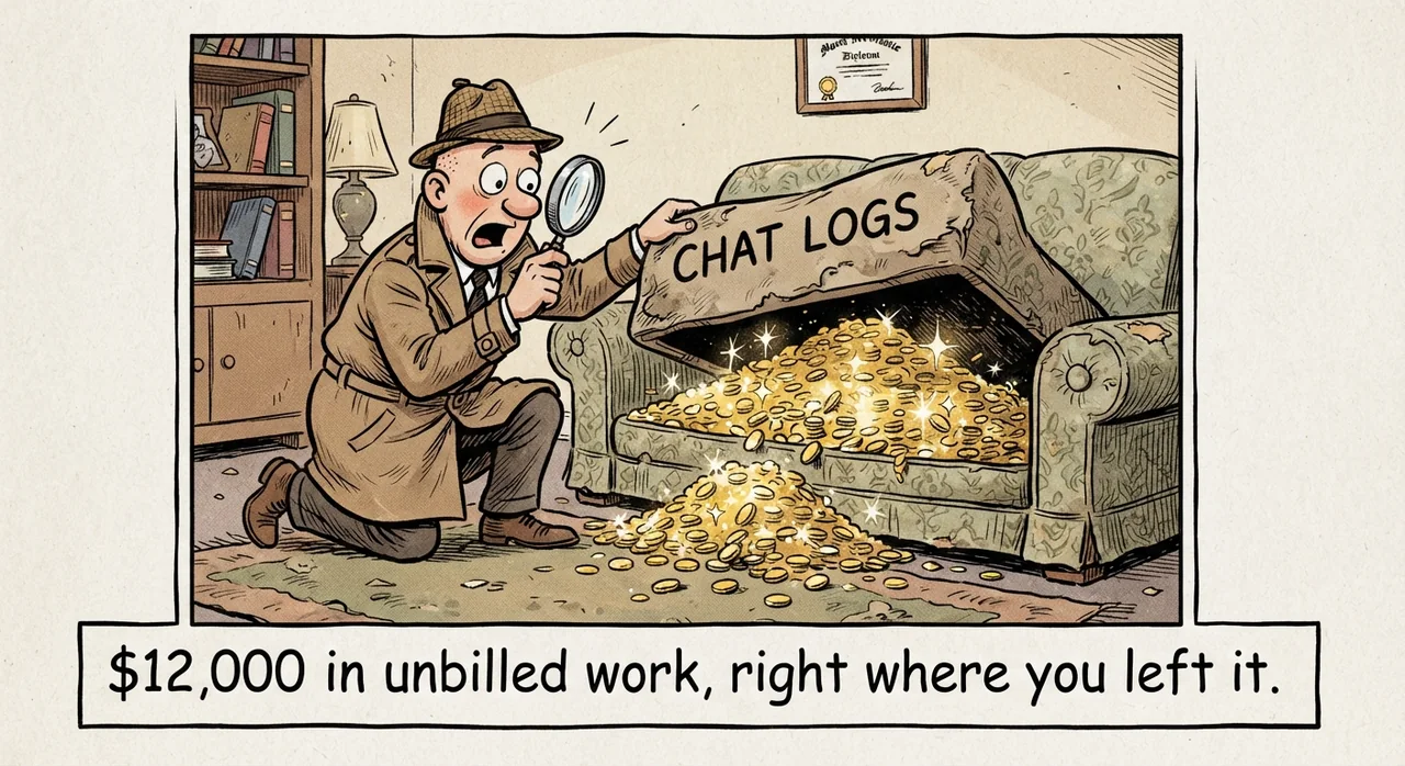 Cartoon titled Unbilled Gold: $12,000 in unbilled work, right where you left it.
