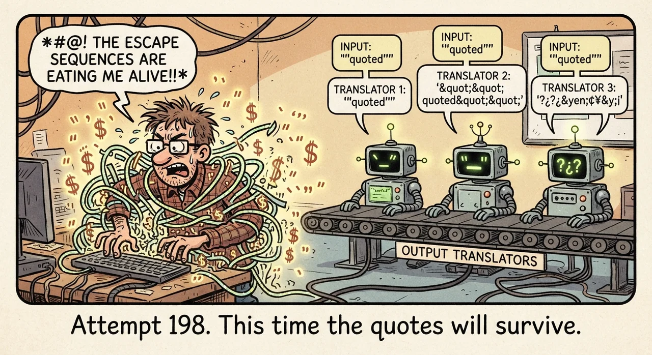 Cartoon titled Powershell Escaping: Attempt 198. This time the quotes will survive.