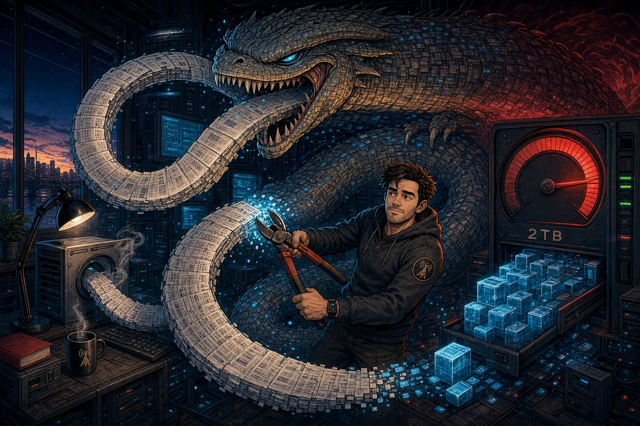A recursive-search monster coils around an overwhelmed computer.
