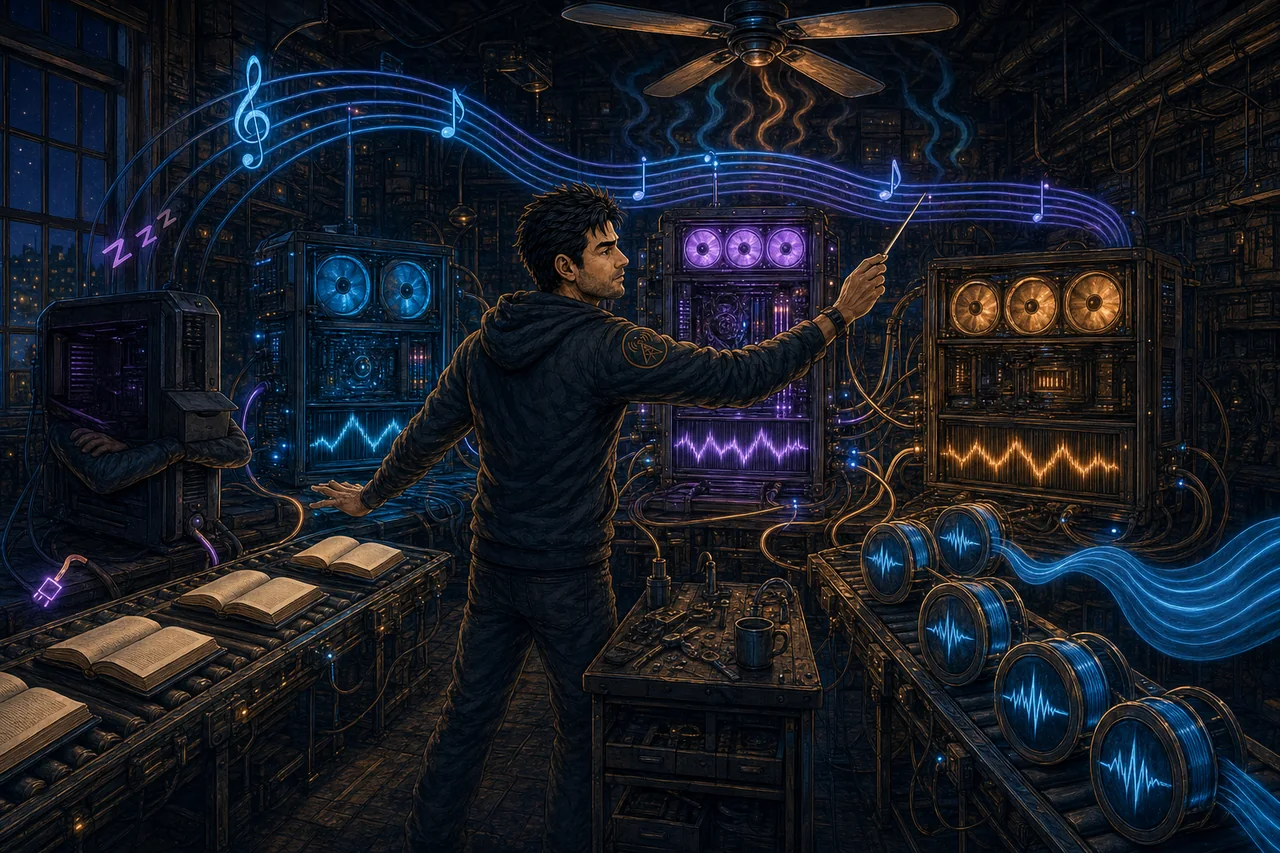 A choir of computers performs around audiobook waveforms.