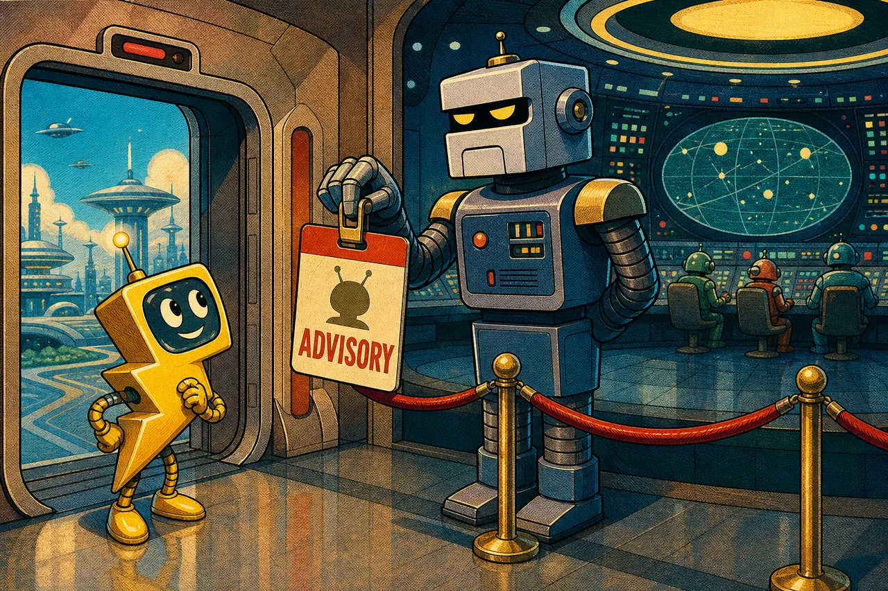 A small robot receives an advisory visitor badge.