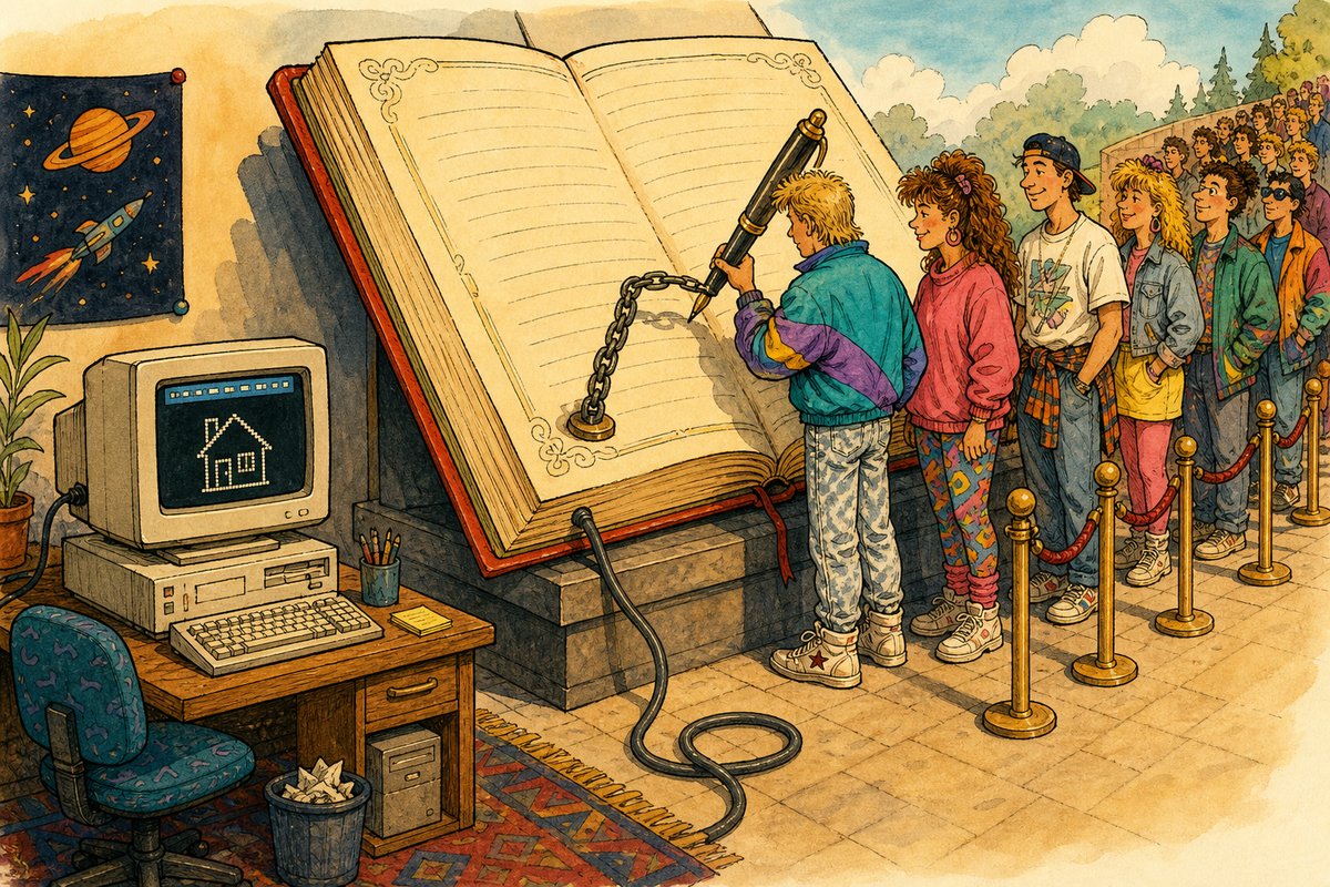 Internet visitors in 1990s outfits line up to sign an enormous ceremonial guestbook attached to a tiny homepage.