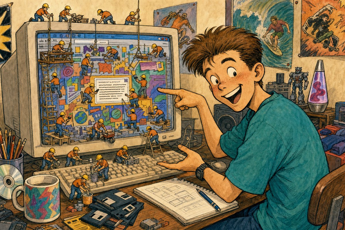 Tiny animated construction workers swarm over a chaotic 1990s personal homepage while the owner proudly points to one finished sentence.