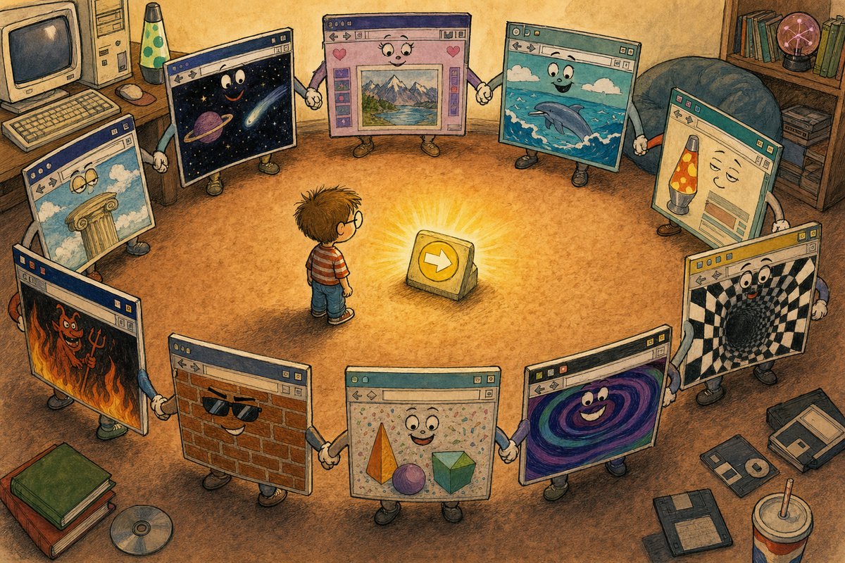 A ring of wildly different homemade websites literally holds hands around a tiny visitor clicking Next.