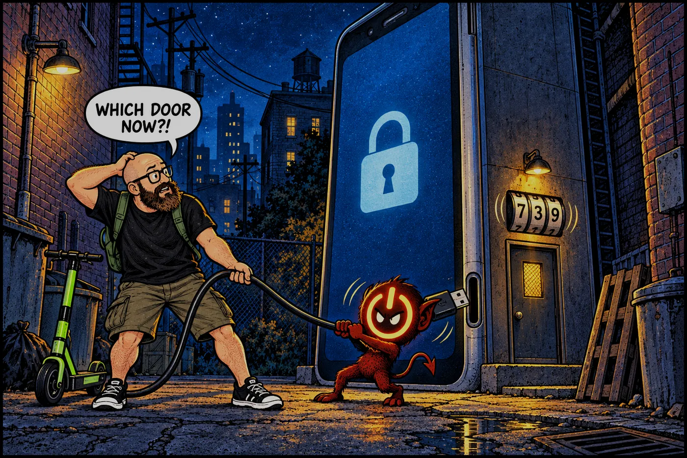 The host holds a cable in a dark alley, confused, while a power-button gremlin yanks the plug out next to a door whose number spins like a slot machine.